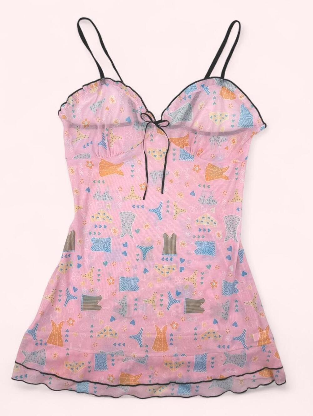 Pink babydoll sheer slip dress with multicolored abstract shapes and hearts